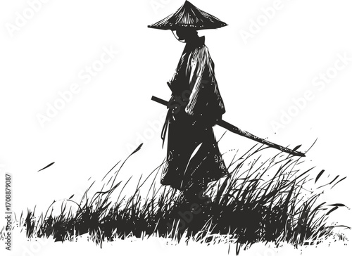 Samurai silhouette sketch hand drawn style standing in tall grass with katana — stock vector