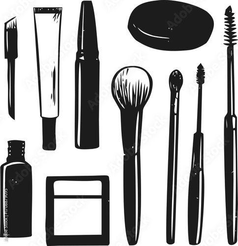 Makeup tools sketch hand drawn vector set with brushes, mascara, tube, and accessories — stock vector