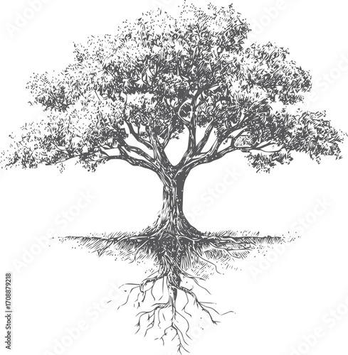 Tree sketch hand drawn with visible roots and detailed foliage — stock vector