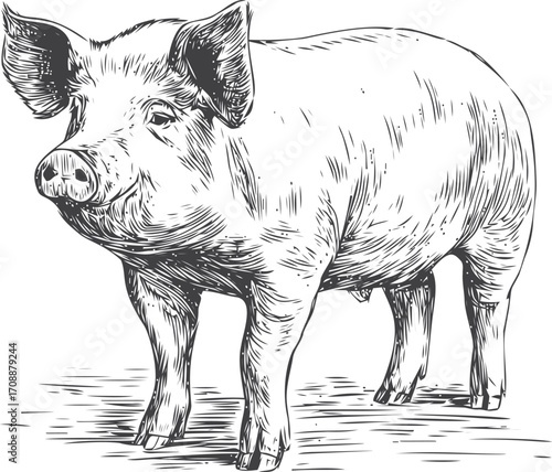 Pig sketch hand drawn farm animal standing side view — stock vector