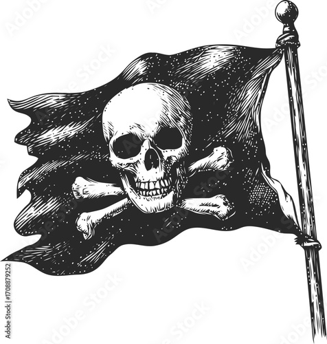 Pirate flag sketch hand drawn with skull and crossbones on waving black banner — stock vector