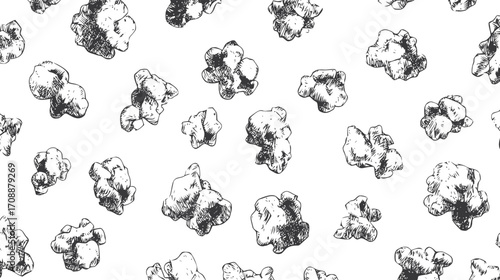 Popcorn seamless pattern sketch hand drawn style scattered kernels on white — stock vector