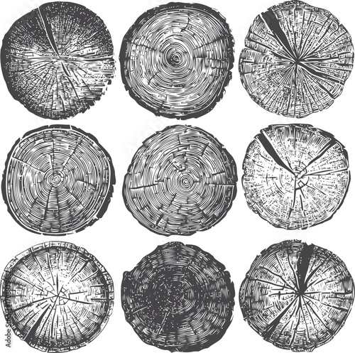 Tree rings sketch, hand drawn cross sections of wood trunks, various growth ring patterns — stock vector