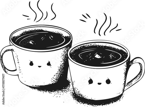 Coffee mugs sketch hand drawn with cute faces and steam — stock vector