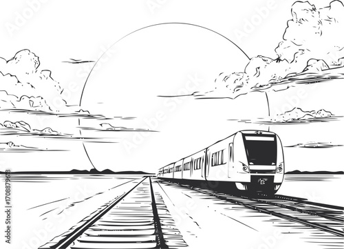 Train sketch hand drawn modern train on railway at sunrise with clouds — stock vector