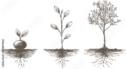 Plant growth stages sketch, hand drawn seedling, young plant, mature tree with roots — stock vector