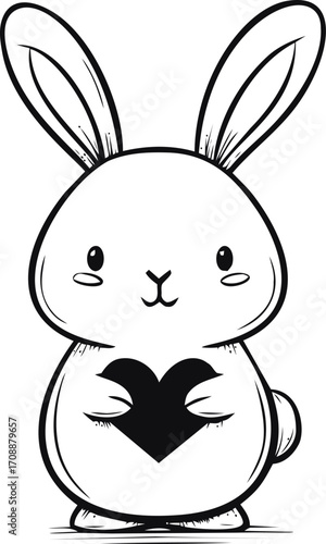 Bunny sketch hand drawn holding heart simple cute line art — stock vector