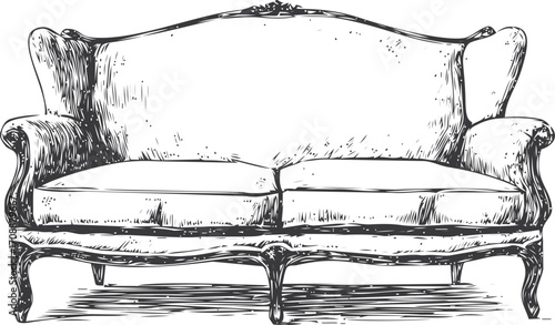 Vintage sofa sketch hand drawn with ornate legs and plush cushions — stock vector