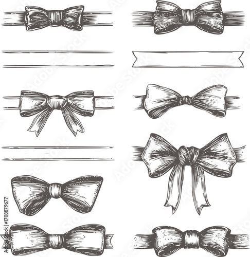 Bow tie sketch hand drawn set with ribbons and decorative bows — stock vector