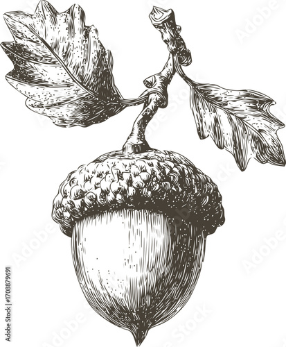 Acorn sketch hand drawn with oak leaves detailed botanical autumn element — stock vector