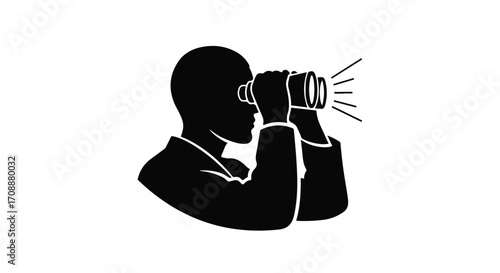 Silhouette of a person looking through binoculars, symbolizing discovery and foresight.