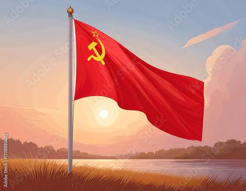 Soviet flag waving over a serene landscape