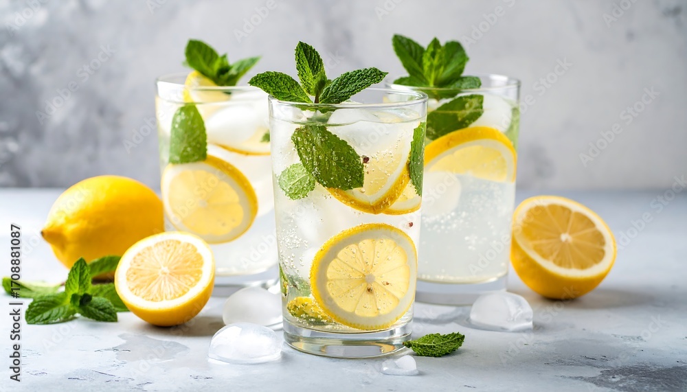 Fototapeta premium Refreshing Lemon and Mint Iced Drinks in Glasses