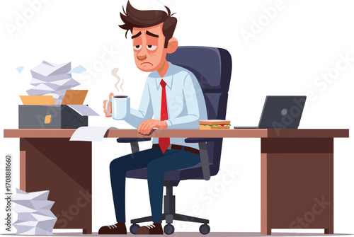 Cartoon tired office worker at desk with coffee, workplace stress illustration, burnout and fatigue concept, overworked employee character design, busy job theme, vector art