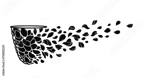 Abstract illustration of a basket dispersing into scattered leaves against a white background