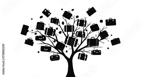 A whimsical tree grows with briefcases as its fruit, symbolizing career growth and opportunities.