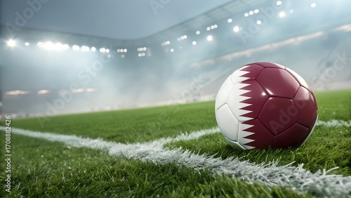 Soccer ball with the flag of qatar on the field of a large stadium with green grass