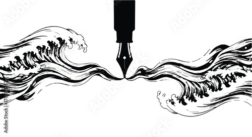 Fountain pen creating dynamic waves of ink, symbolizing creative flow and imagination.