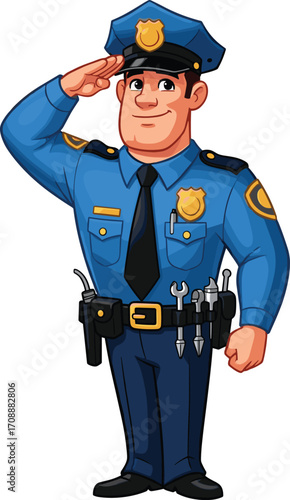 Cartoon police officer saluting, friendly law enforcement character illustration, multifunctional role concept, public safety and service, officer in uniform with tools, vector design