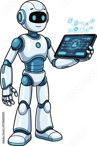 Cartoon humanoid robot holding tablet, cybersecurity and data protection illustration, artificial intelligence concept, digital identity security