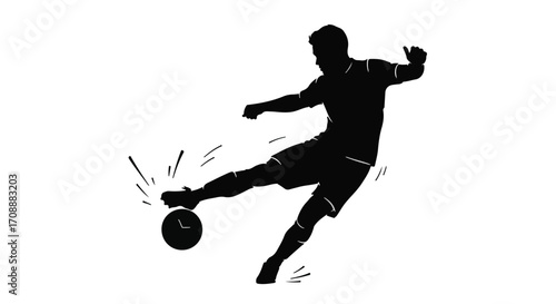 Dynamic silhouette of a soccer player kicking a ball with power and motion