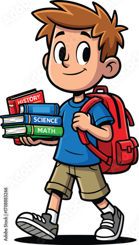 Cartoon schoolboy walking with backpack and books, education and learning illustration, student life concept, academic subjects and study, cheerful child character, vector design