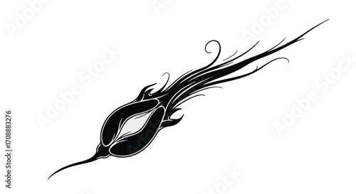Abstract black ink splash with flowing tendrils and bright central highlight