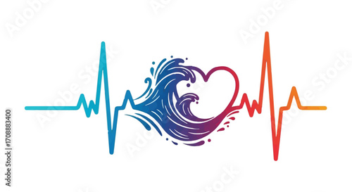 Heartbeat line transforms into ocean waves and heart, symbolizing life and nature's rhythm