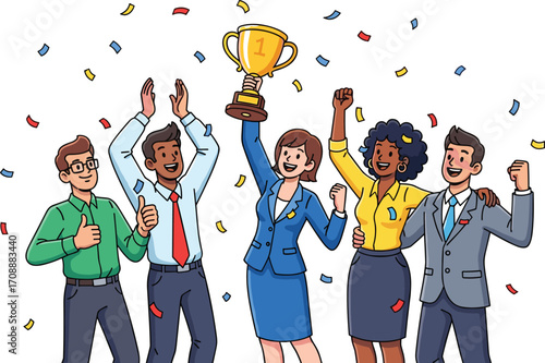 Business team celebrating success, holding first place trophy, corporate achievement concept, happy office workers with confetti, teamwork victory, professional celebration, vector illustration design