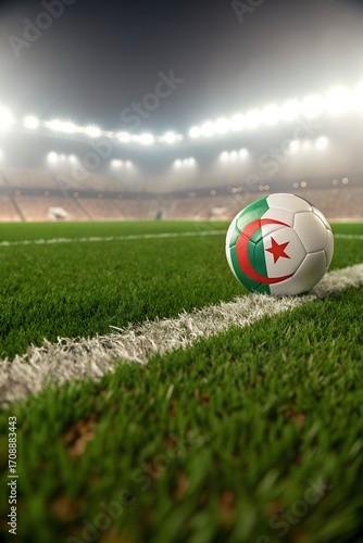 Soccer ball with the flag of algeria on the field of a stadium at night in the spotlight