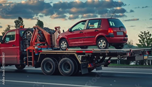 Wallpaper Mural Tow truck with the broken family car on the road. Car service transportation concept. Tow truck transporting the vehicle on a highway Torontodigital.ca