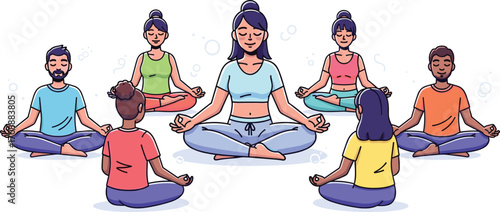 Cartoon group meditating in circle with leader, mindfulness and wellness illustration, yoga and relaxation concept, peaceful practice character design, mental health theme, vector art