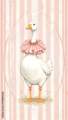 Playful watercolor illustration of a white goose wearing a frilled pink collar, framed in an oval with soft pastel pink stripes. Whimsical nursery art, gentle tones.