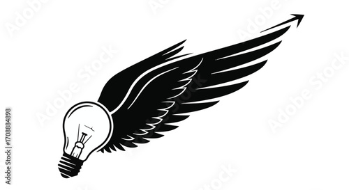 Creative idea takes flight with illuminated wing and upward arrow