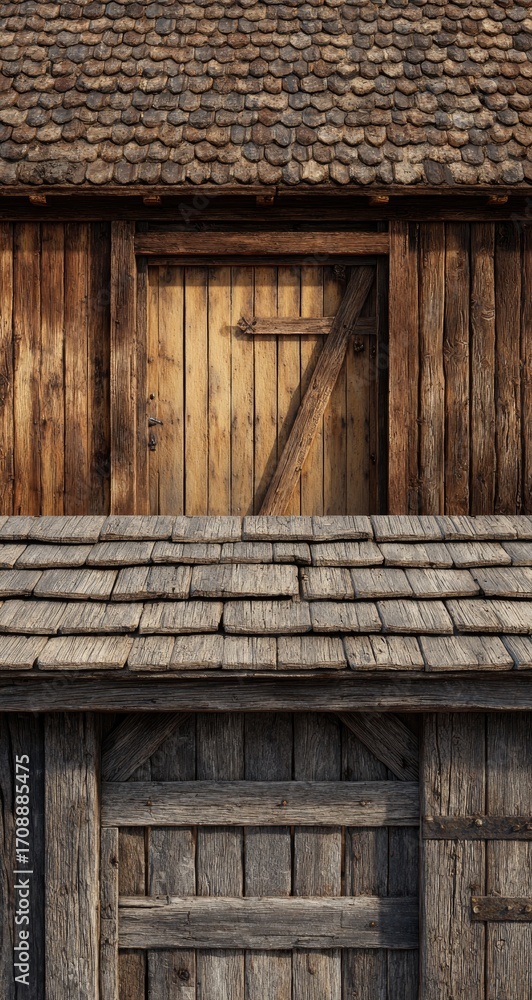 Naklejka premium Rustic wooden building facade with aged shingles and doors