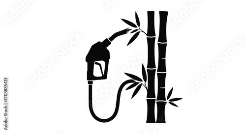 Fuel pump nozzle connected to growing bamboo stalks, symbolizing renewable energy