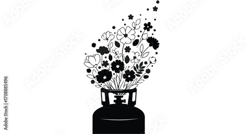Gas cylinder erupting with a vibrant bouquet of delicate wildflowers, symbolizing a positive transformation.