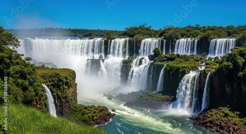 Majestic Iguazu Falls cascading over lush green cliffs under a clear blue sky.