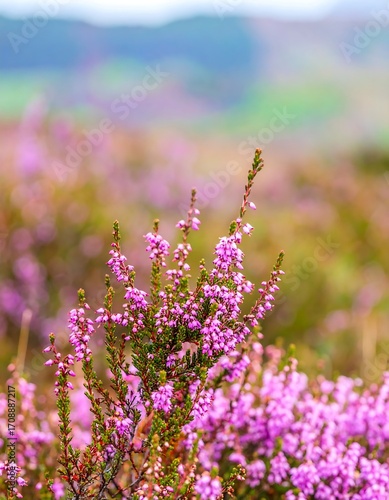 Close-up of vibrant pink heather blossoms, soft focus background