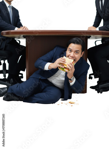 Businessman secretly eats a sandwich under a conference table during a busy meeting, illustrating work pressure and a need for a quick, private meal.