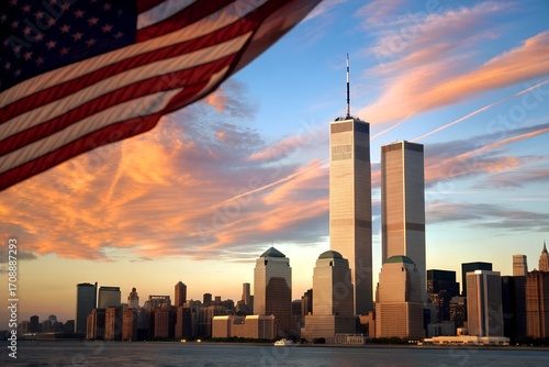 The iconic twin towers of the world trade center in new york city at sunset