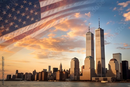 The twin towers of the world trade center in new york city with the american flag