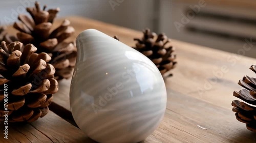 Slow Pan Across a Serene Still Life with a Marbled Teardrop Object and Pine Cones on a Rustic Wooden Table