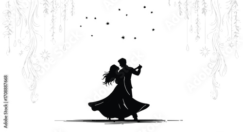Elegant couple dancing under a starry sky, celebrating love and romance