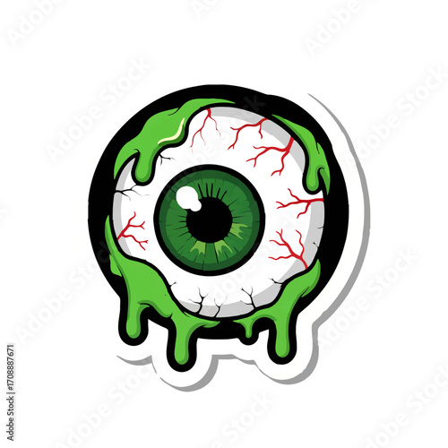 Verflüssigtes Auge mit grünem Schleim und roten Blutgefäßen auf weißem Hintergrund

