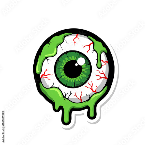 Verflüssigtes Auge mit grünem Schleim und roten Blutgefäßen auf weißem Hintergrund

