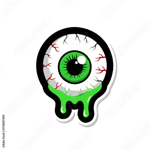 Verflüssigtes Auge mit grünem Schleim und roten Blutgefäßen auf weißem Hintergrund

