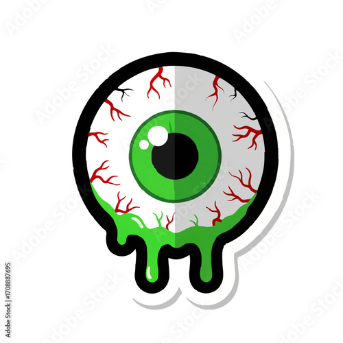 Verflüssigtes Auge mit grünem Schleim und roten Blutgefäßen auf weißem Hintergrund

