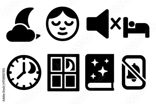Nighttime routine silhouette icon set. featuring moon, sleep, mute, bed, clock, moon window, stars book, and silent phone