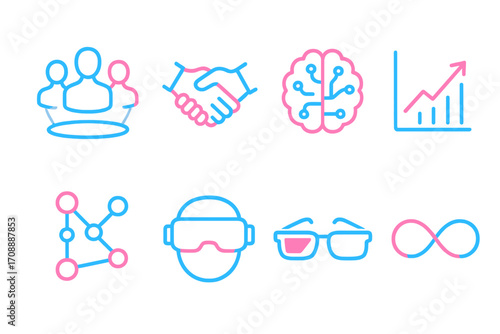 Business technology neon icon set. featuring network, handshake, brain, chart, vr, glasses, and infinity